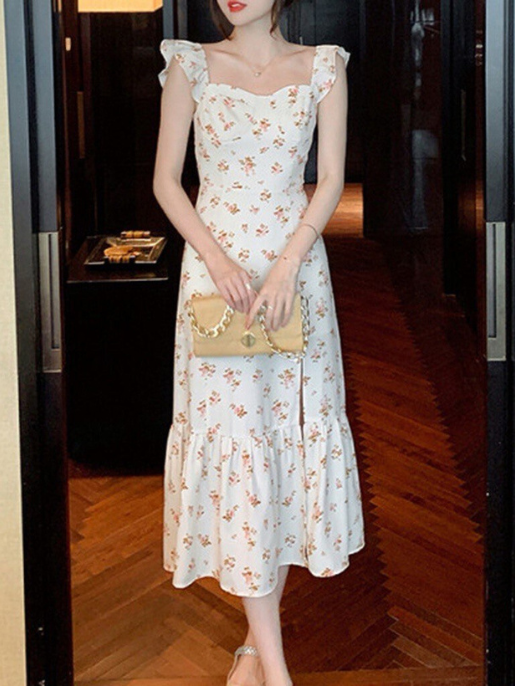 Vestido Elegante Ditsy Floral Dividido Na Frente Com Zíper Lateral Ajustável