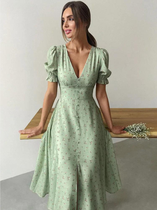 Vestido Casual Com Botões Florais Na Frente E Acabamento Em Alface