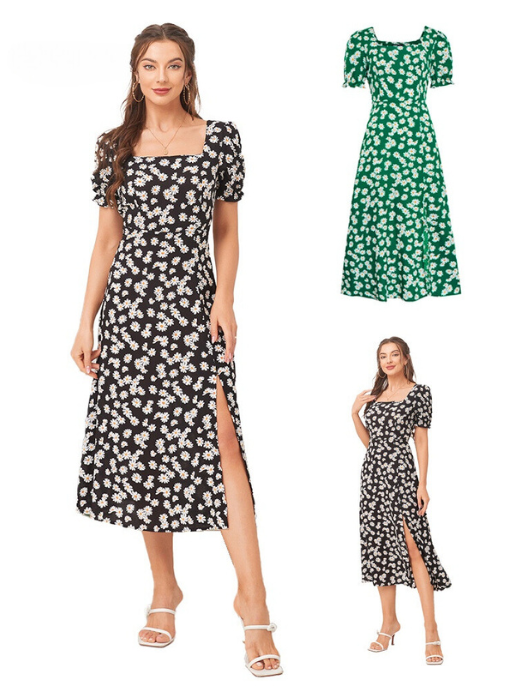 Vestido Juliana Casual de Estampa Floral de Gola Quadrada