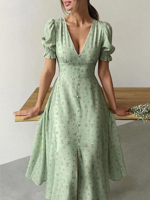 Vestido Casual Com Botões Florais Na Frente E Acabamento Em Alface