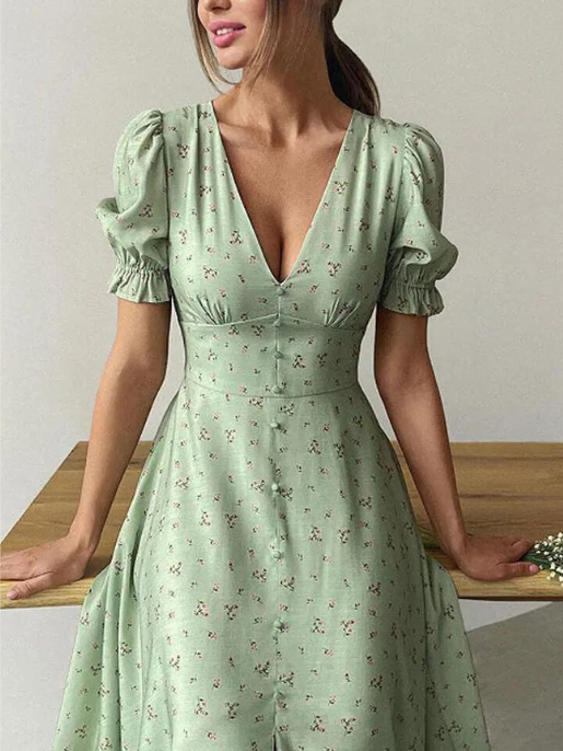 Vestido Casual Com Botões Florais Na Frente E Acabamento Em Alface