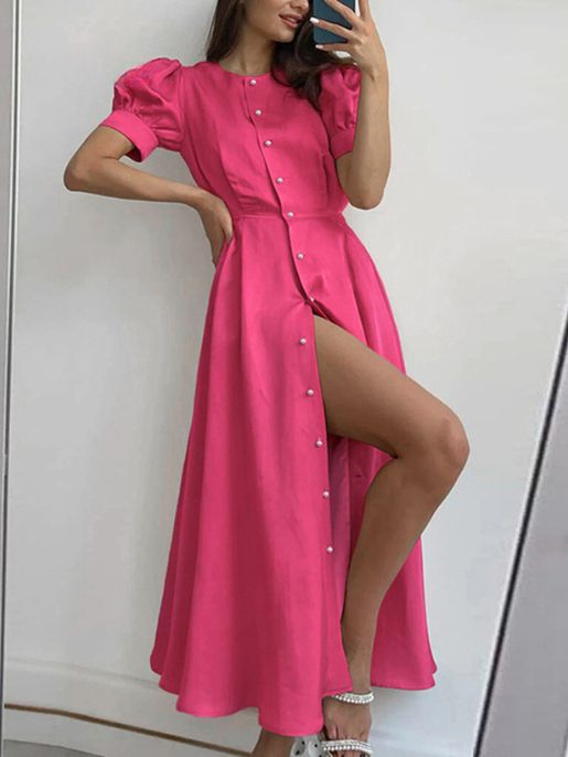 Vestido Casual Com Botão Liso E Manga Bufante Na Frente