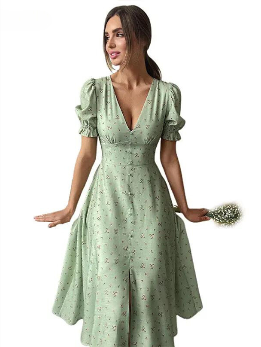 Vestido Casual Com Botões Florais Na Frente E Acabamento Em Alface