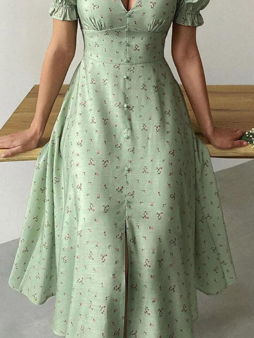 Vestido Casual Com Botões Florais Na Frente E Acabamento Em Alface