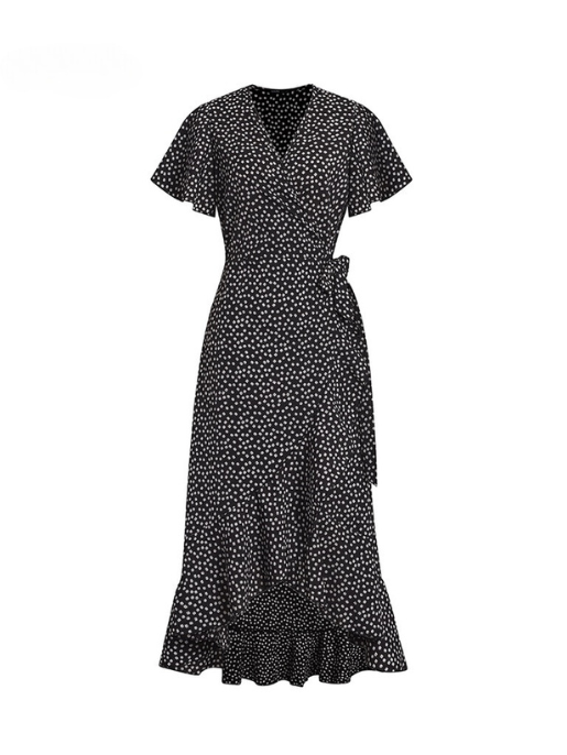 Vestido Audrey de Bolinha Com Fenda e Decote V Profundo com Renda