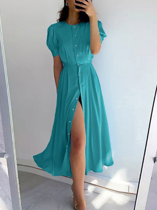 Vestido Casual Com Botão Liso E Manga Bufante Na Frente