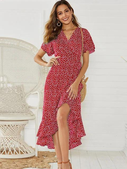 Vestido Audrey de Bolinha Com Fenda e Decote V Profundo com Renda