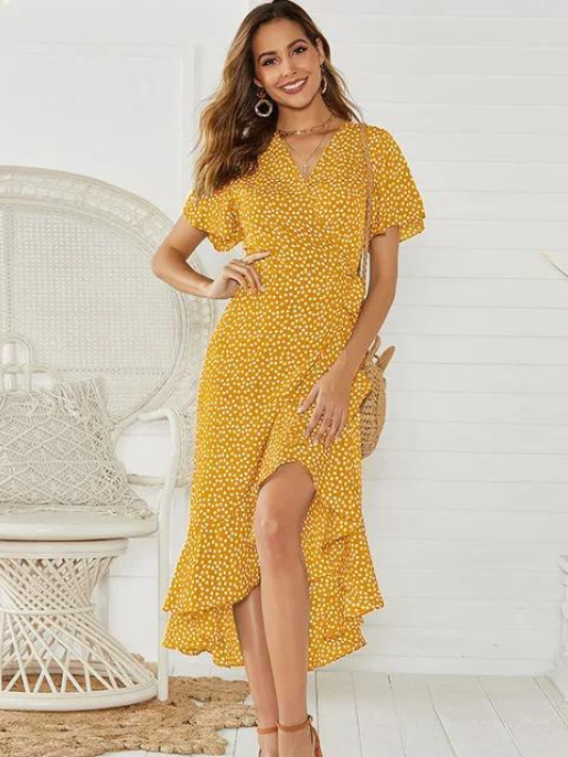 Vestido Audrey de Bolinha Com Fenda e Decote V Profundo com Renda