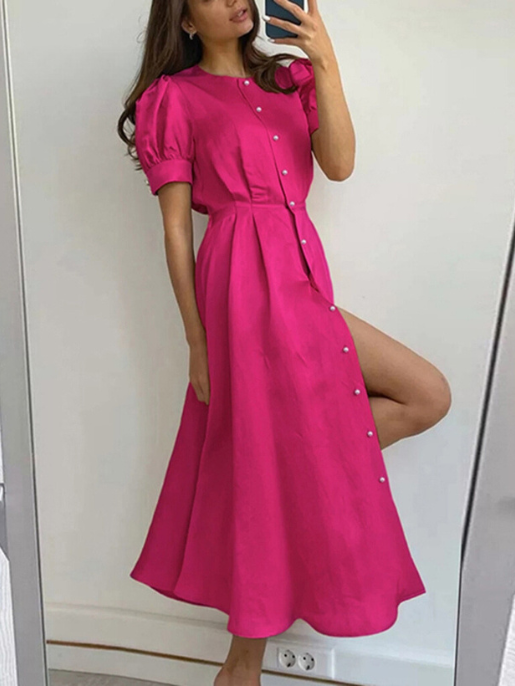 Vestido Casual Com Botão Liso E Manga Bufante Na Frente