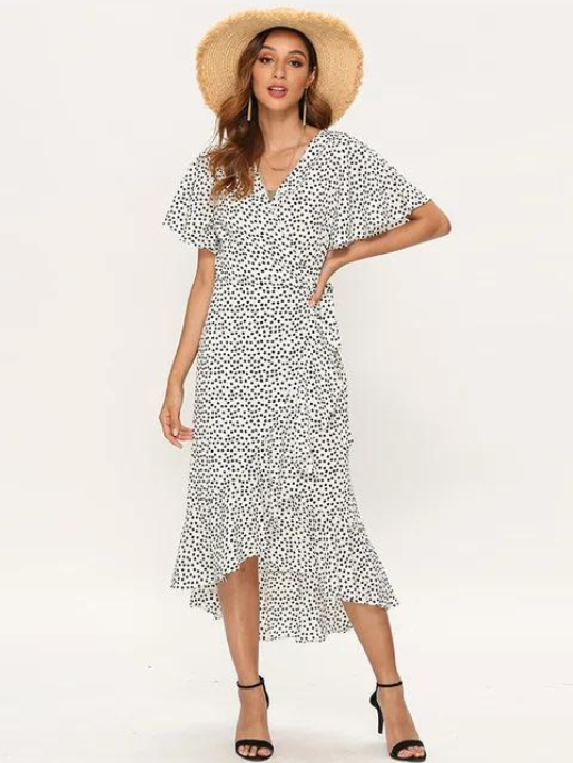 Vestido Audrey de Bolinha Com Fenda e Decote V Profundo com Renda