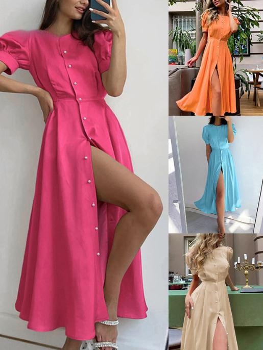 Vestido Casual Com Botão Liso E Manga Bufante Na Frente