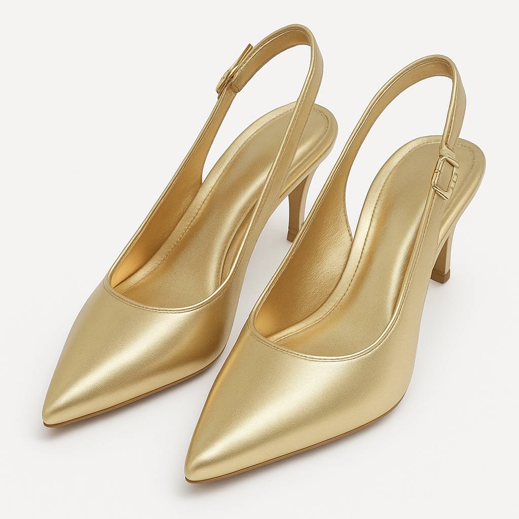 Scarpin Dourado Couro Salto Médio Slingback Aria