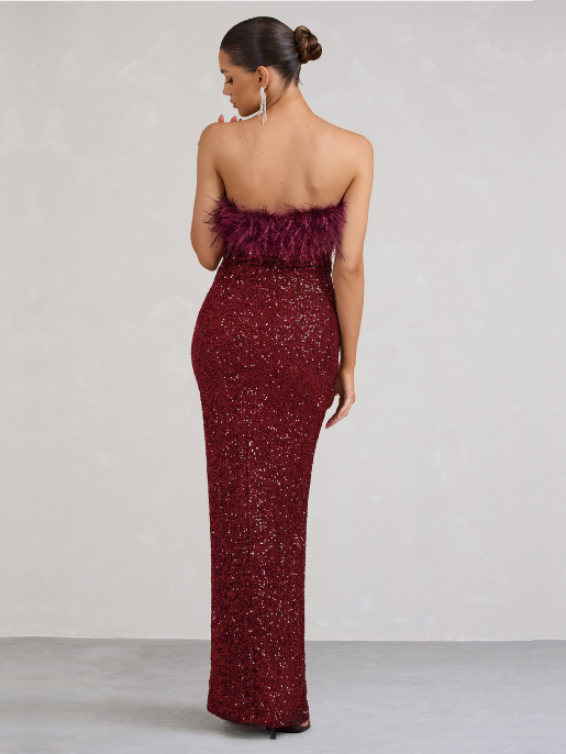 Vestido Old Money - Maxi de Lantejoulas Bodycon Borgonha com acabamento em penas