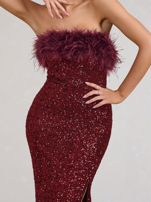 Vestido Old Money - Maxi de Lantejoulas Bodycon Borgonha com acabamento em penas
