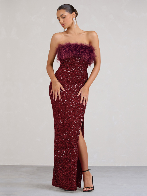 Vestido Old Money - Maxi de Lantejoulas Bodycon Borgonha com acabamento em penas