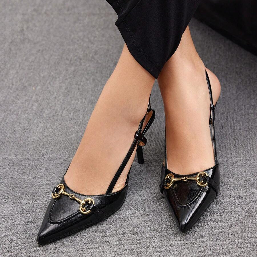 Scarpin Preto Couro Salto Alto Luna Charme