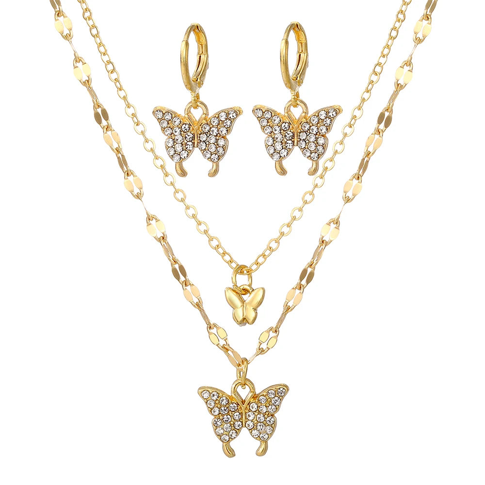 Conjunto de Joias Duplo Colar e um par de Brincos de Borboleta Banhado a Ouro 18K