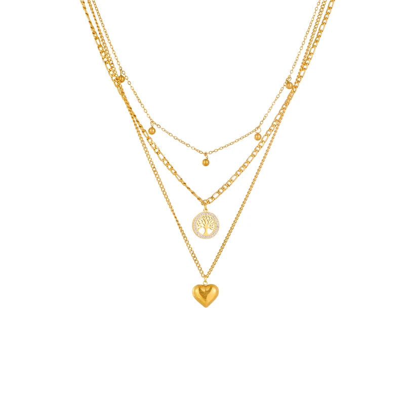 Colar Duplo de Flor e Coração Banhado a Ouro 18K