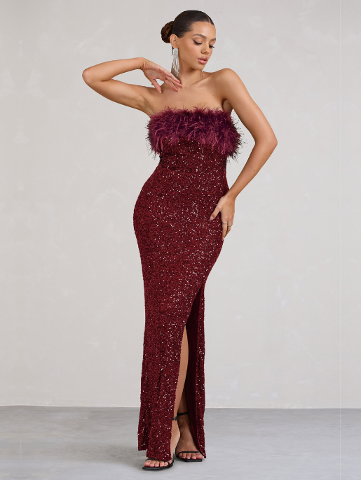 Vestido Old Money - Maxi de Lantejoulas Bodycon Borgonha com acabamento em penas