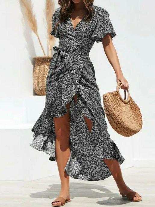 Vestido Audrey de Bolinha Com Fenda e Decote V Profundo com Renda