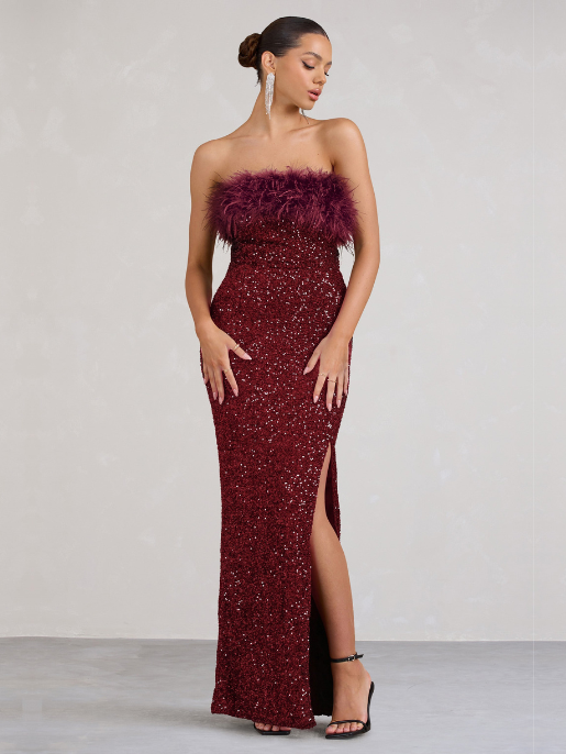 Vestido Old Money - Maxi de Lantejoulas Bodycon Borgonha com acabamento em penas