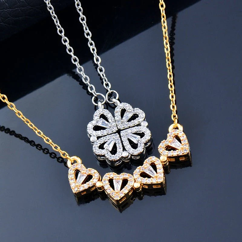 Colar Trevo de Quatro Corações Magnetico com Zircônias Banhado a Ouro 18K