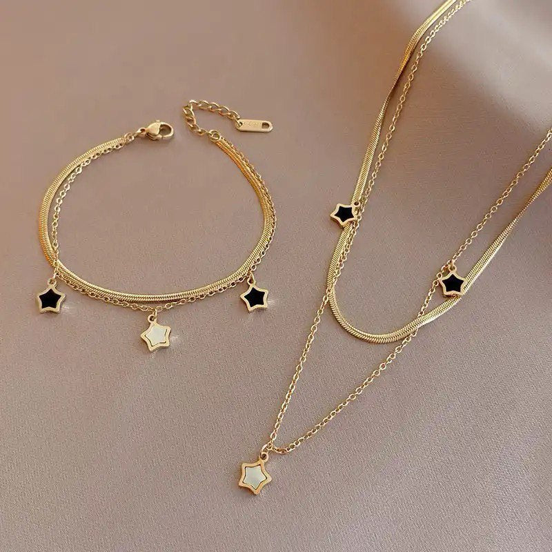 Conjunto de Joias Colar e Pulseira Estrela Banhado a Ouro 18K