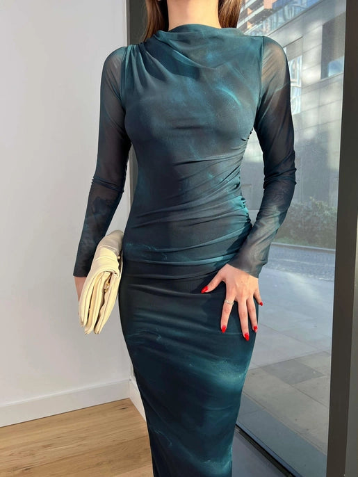 Vestido Midi Vanessa verde Colin com manga longa de tule detalhado