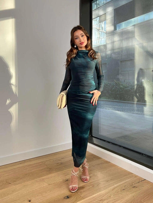 Vestido Midi Vanessa verde Colin com manga longa de tule detalhado