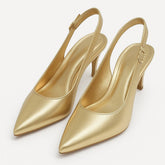 Scarpin Dourado Couro Salto Médio Slingback Aria