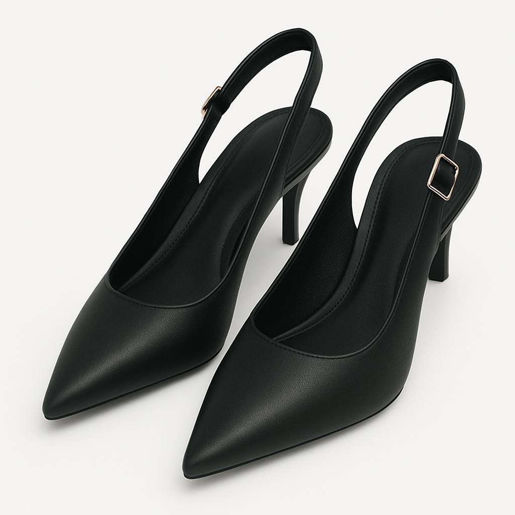 Scarpin Preto Couro Salto Médio Slingback Aria
